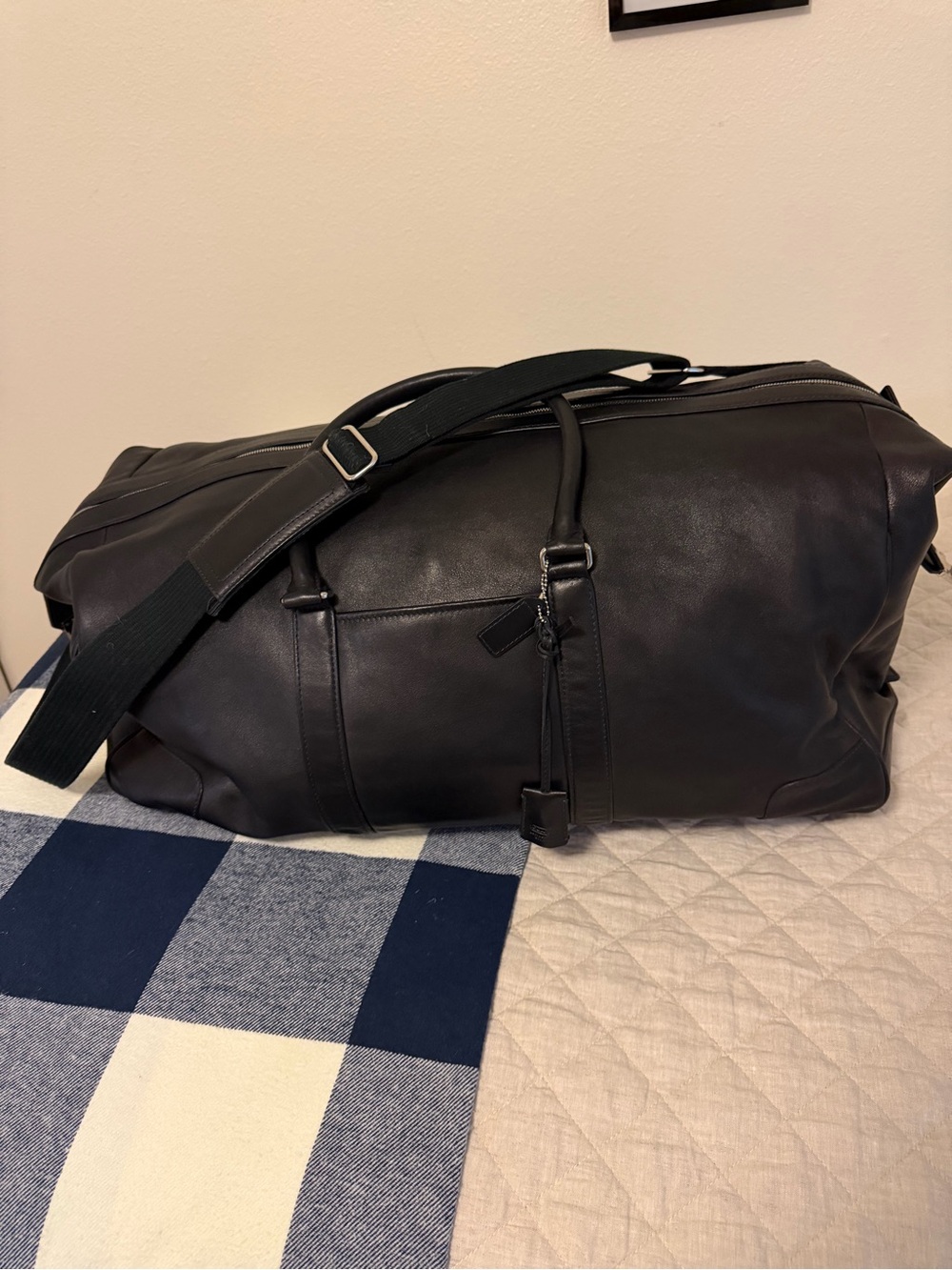Coach Black Leather Duffel Bag with Shoulder Strap